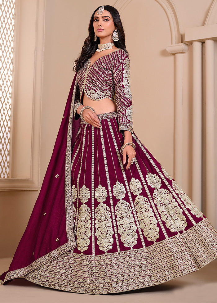 3 Pc Burgundy Silk Semi Stitched Lehenga Set