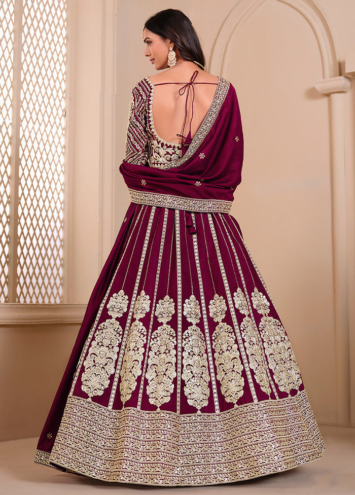 3 Pc Burgundy Silk Semi Stitched Lehenga Set