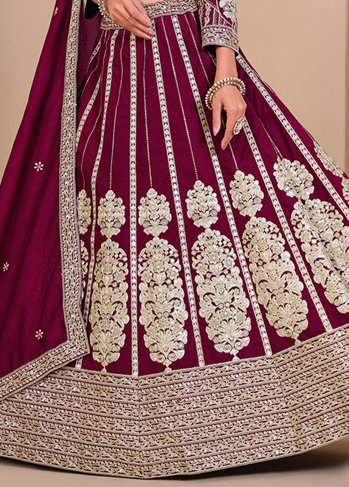 3 Pc Burgundy Silk Semi Stitched Lehenga Set