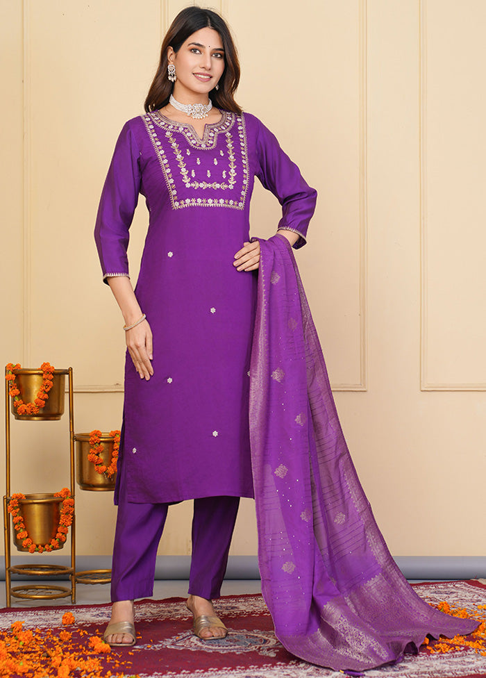 3 Pc Purple Readymade Viscose Suit Set