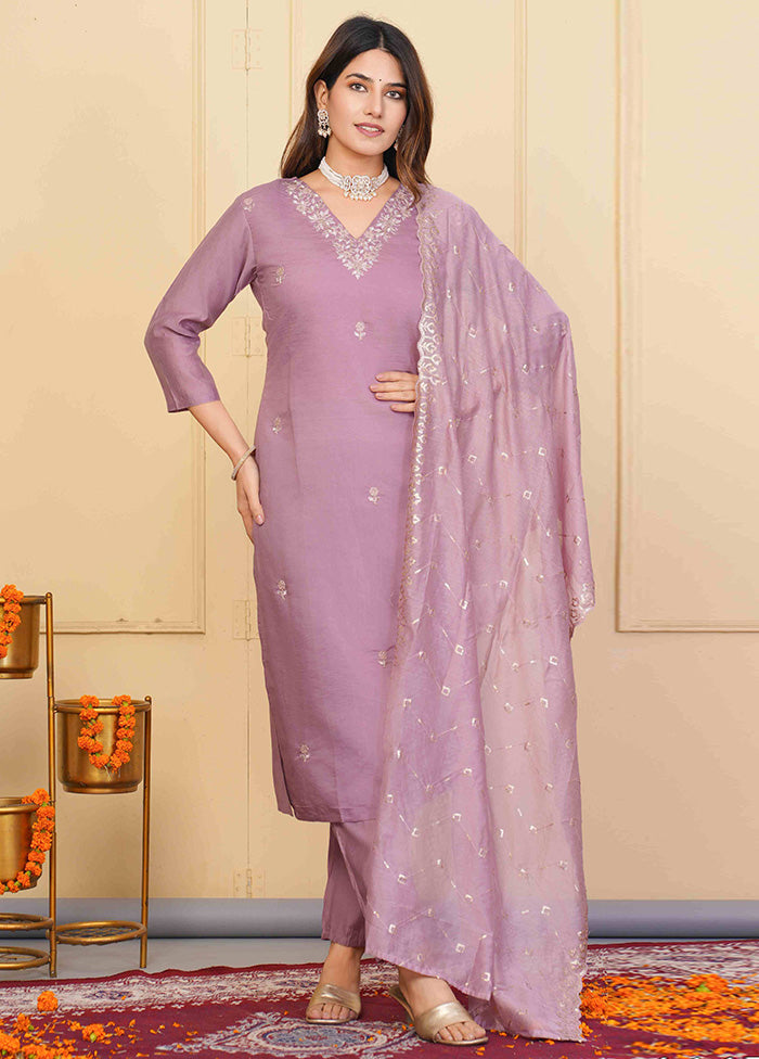 3 Pc Lavender Readymade Viscose Suit Set