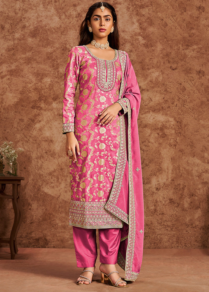 3 Pc Pink Semi Stitched Silk Suit Set