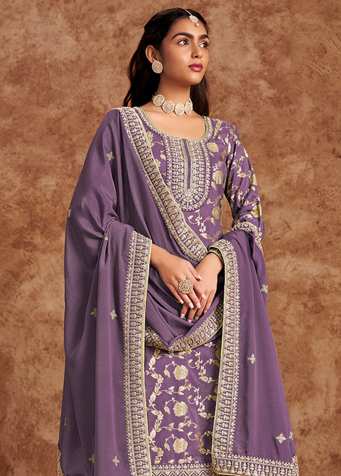 3 Pc Lavender Semi Stitched Silk Suit Set