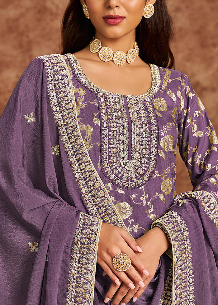 3 Pc Lavender Semi Stitched Silk Suit Set