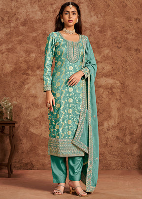 3 Pc Sea Green Semi Stitched Silk Suit Set