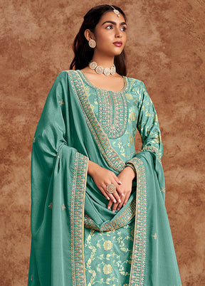 3 Pc Sea Green Semi Stitched Silk Suit Set