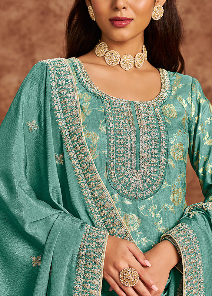 3 Pc Sea Green Semi Stitched Silk Suit Set