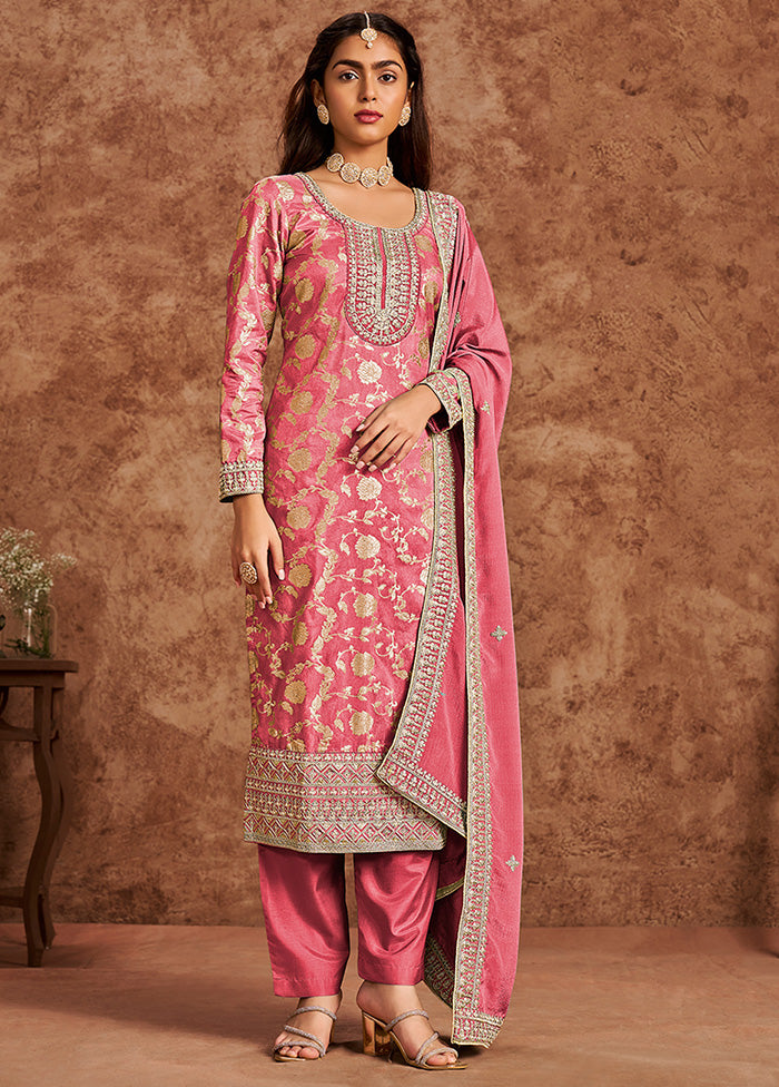 3 Pc Coral Semi Stitched Silk Suit Set