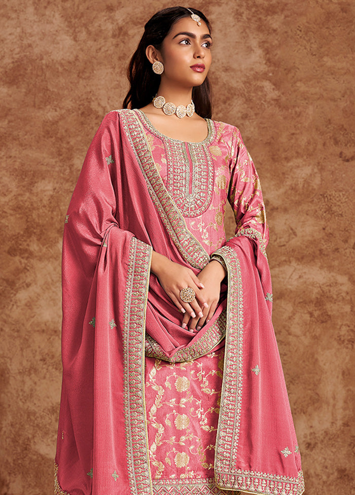 3 Pc Coral Semi Stitched Silk Suit Set