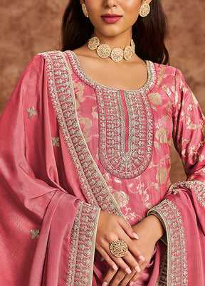 3 Pc Coral Semi Stitched Silk Suit Set