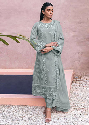 3 Pc Grey Semi Stitched Georgette Suit Set