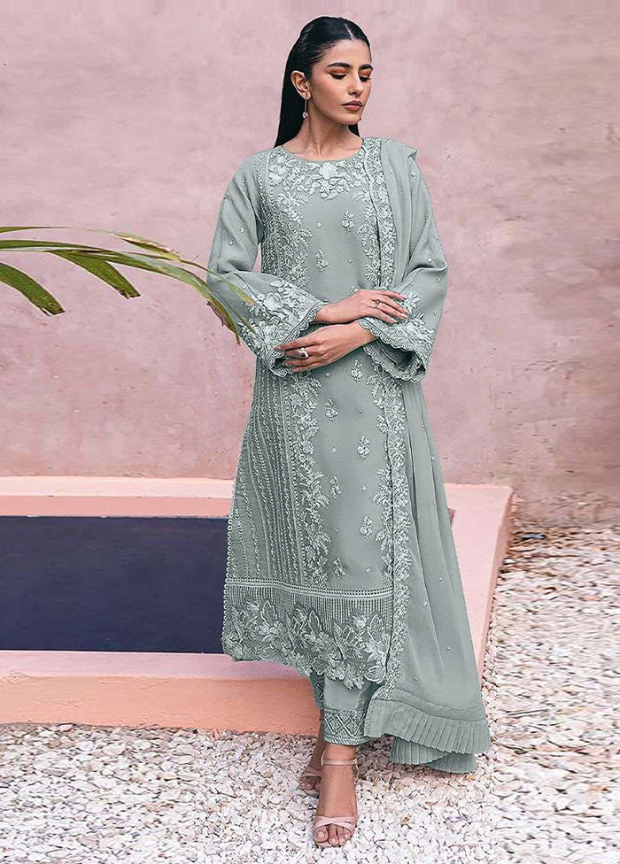 3 Pc Grey Semi Stitched Georgette Suit Set