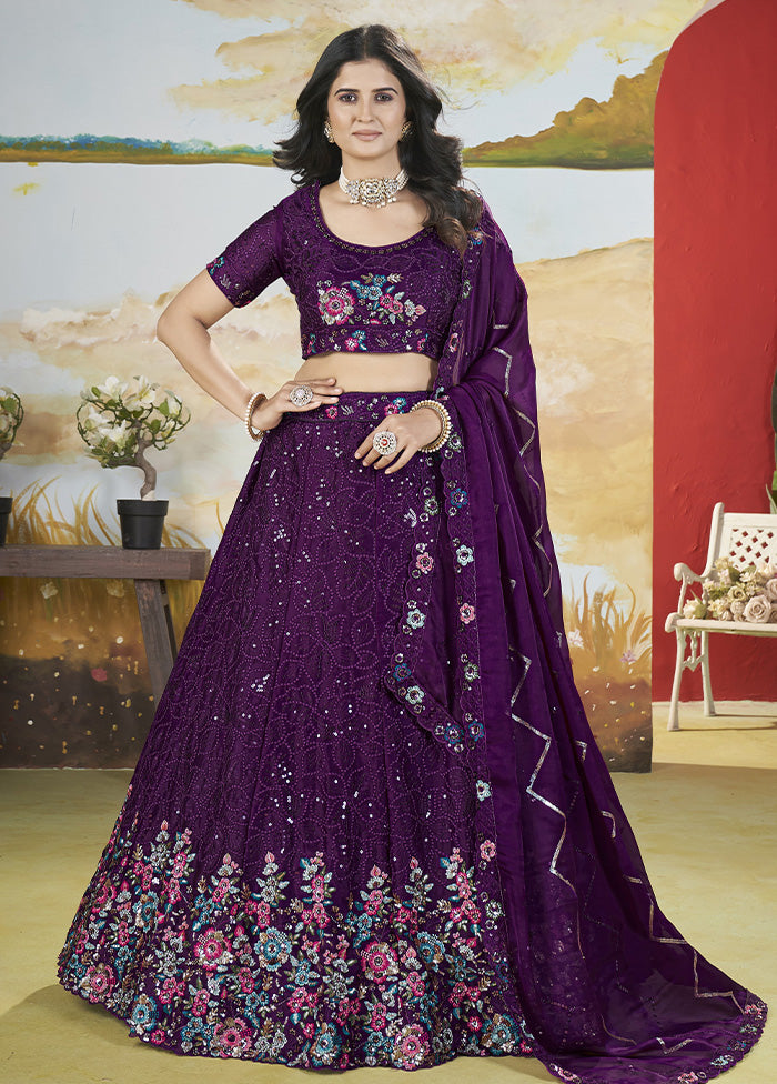 3 Pc Purple Silk Semi Stitched Lehenga Set