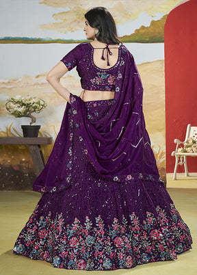 3 Pc Purple Silk Semi Stitched Lehenga Set