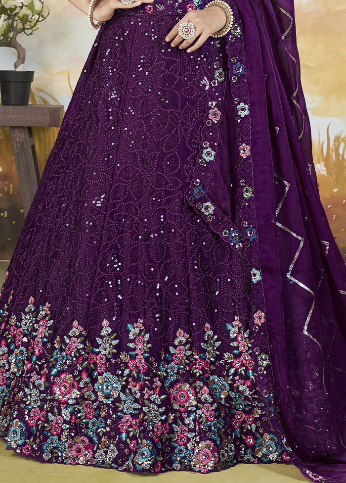 3 Pc Purple Silk Semi Stitched Lehenga Set