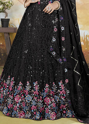 3 Pc Black Silk Semi Stitched Lehenga Set