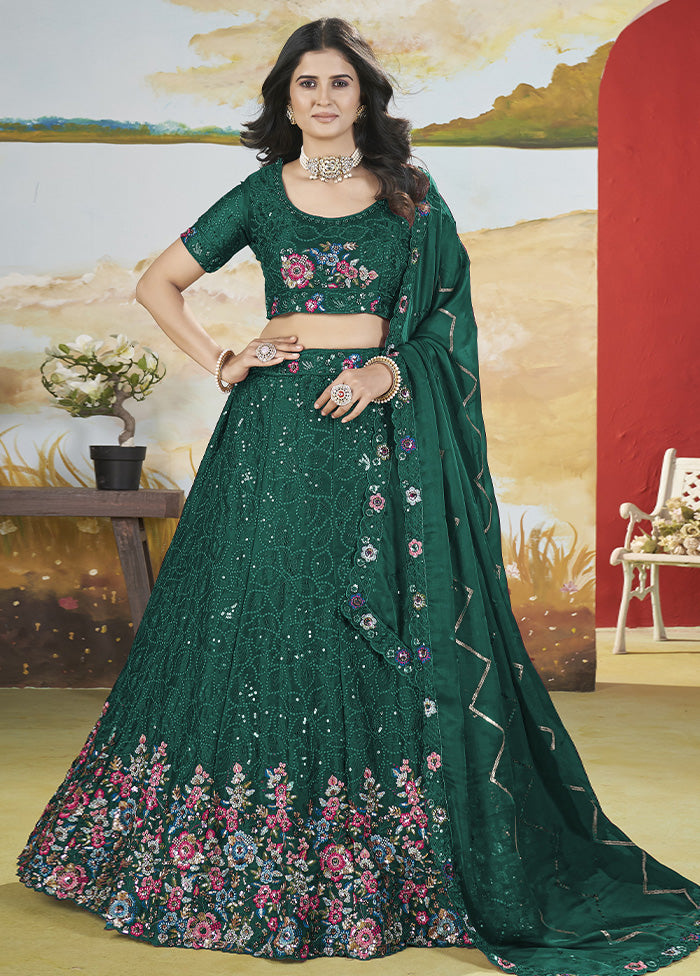 3 Pc Green Silk Semi Stitched Lehenga Set