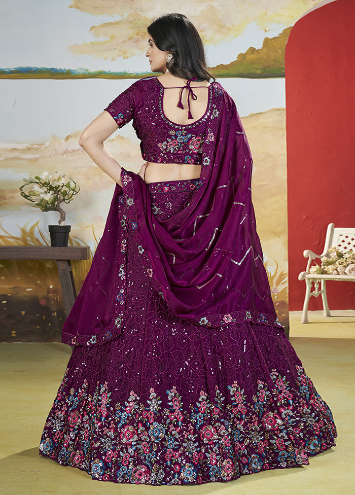 3 Pc Magenta Silk Semi Stitched Lehenga Set