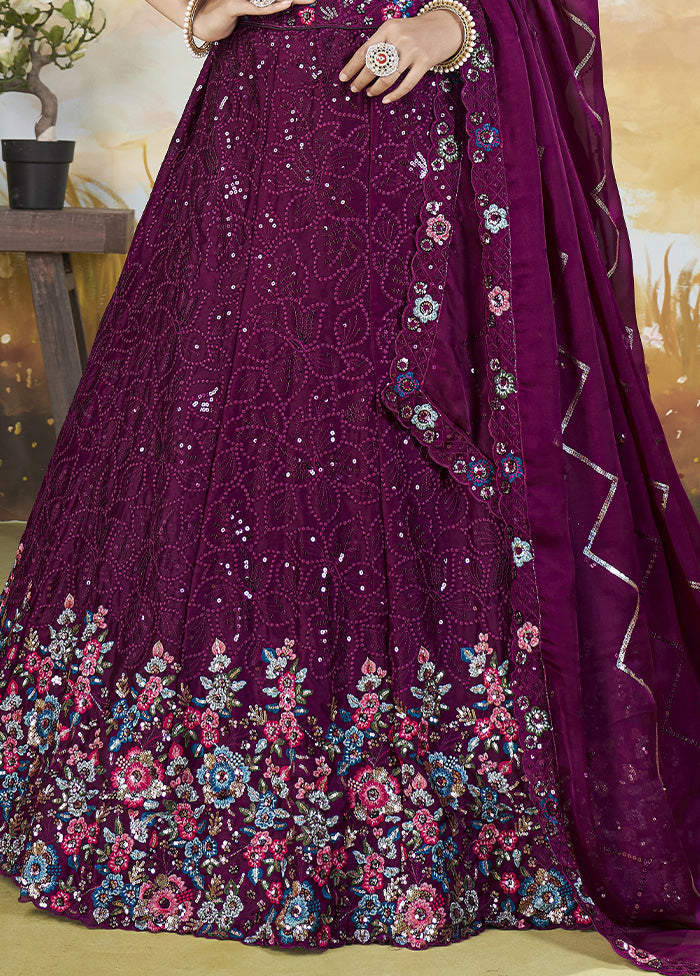 3 Pc Magenta Silk Semi Stitched Lehenga Set