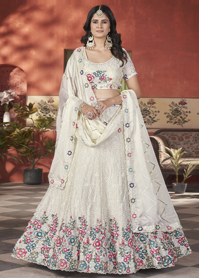 3 Pc Off White Silk Semi Stitched Lehenga Set