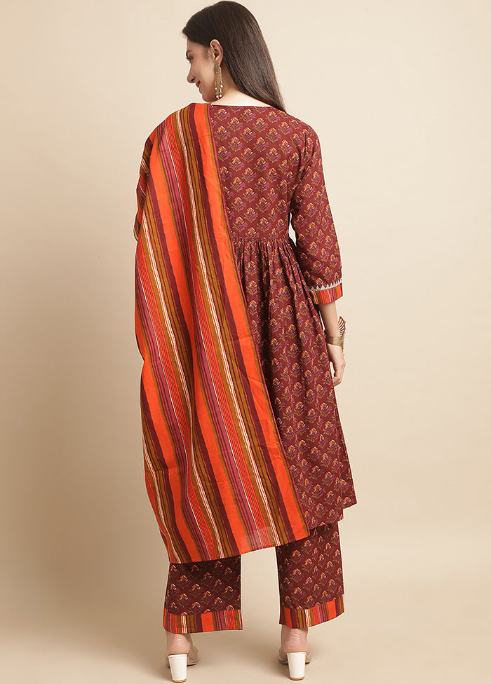 3 Pc Maroon Readymade Cotton Suit Set