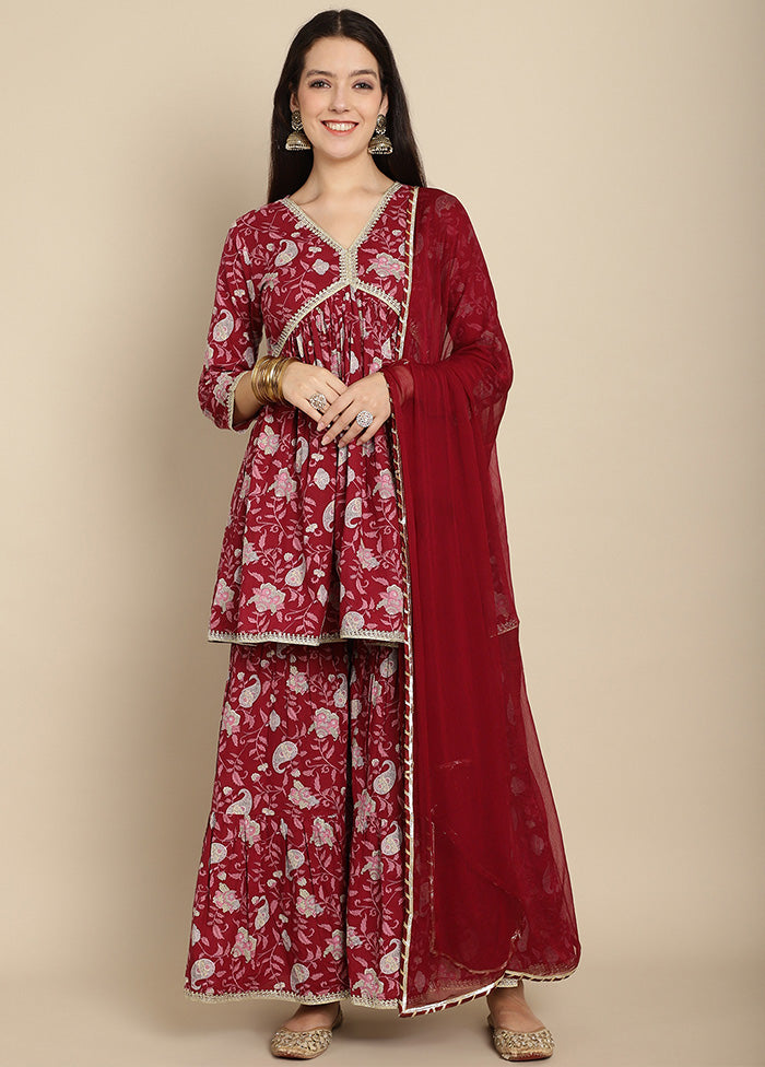 3 Pc Maroon Readymade Cotton Suit Set