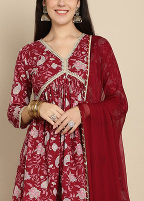 3 Pc Maroon Readymade Cotton Suit Set