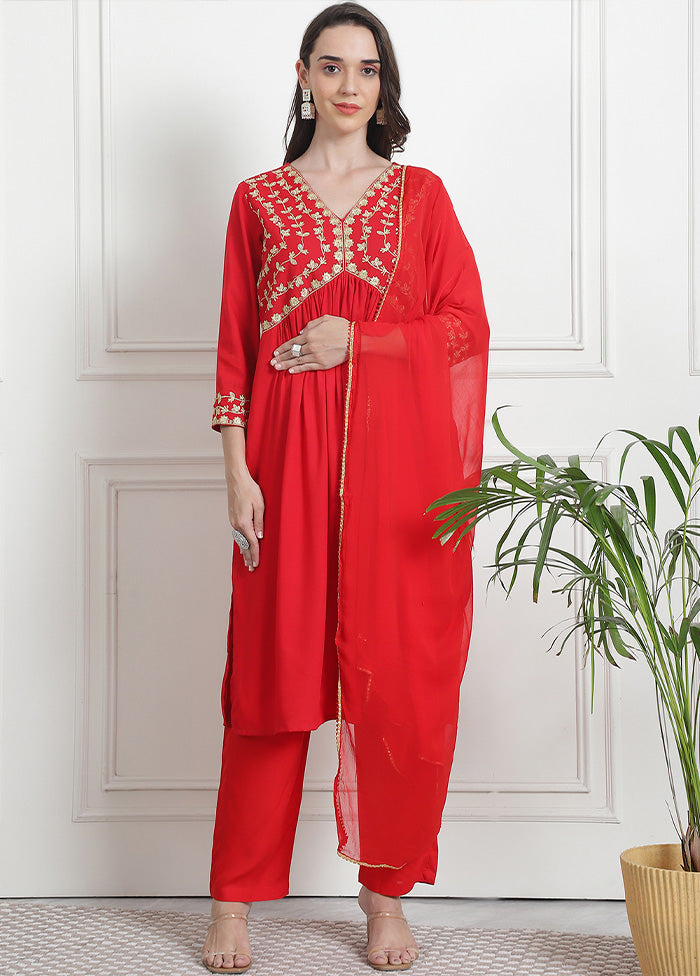 3 Pc Red Readymade Rayon Suit Set