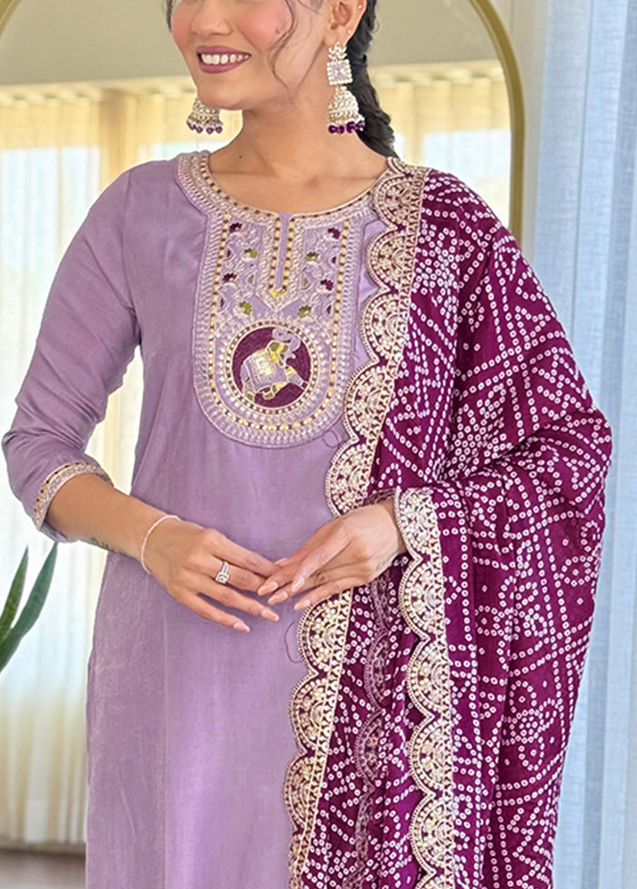 3 Pc Lavender Readymade Viscose Suit Set