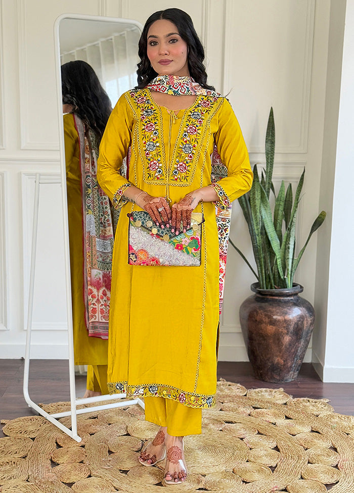 3 Pc Mustard Readymade Viscose Suit Set