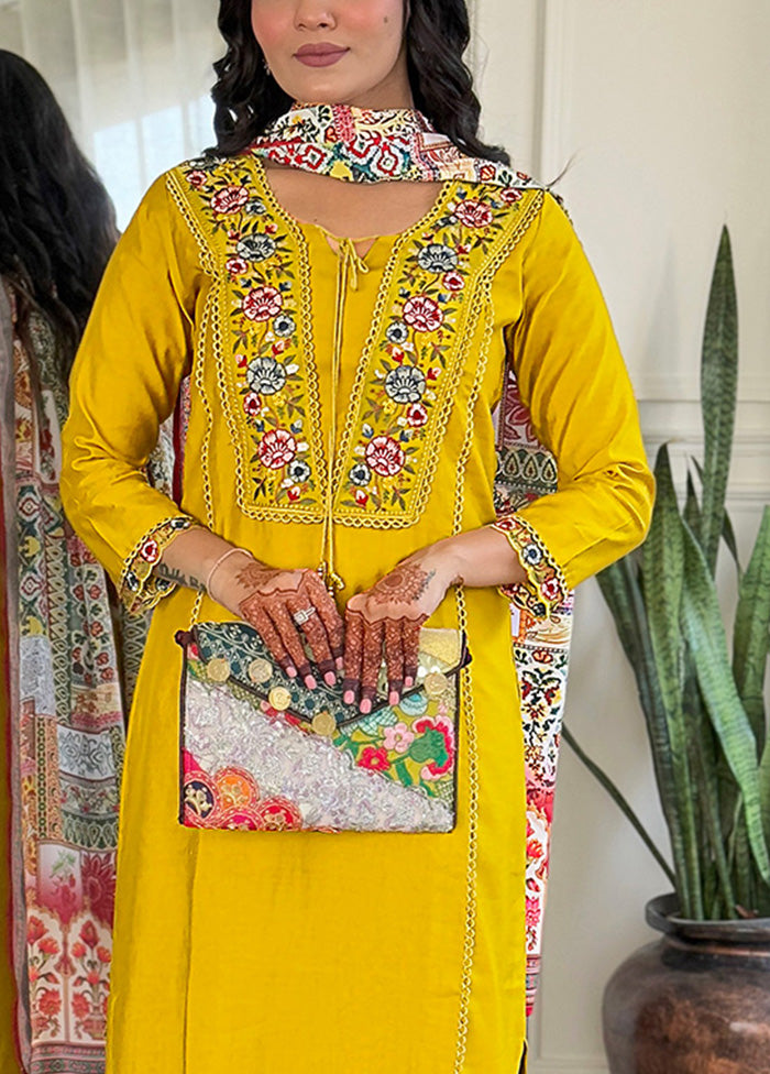 3 Pc Mustard Readymade Viscose Suit Set