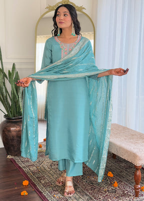 3 Pc Sky Blue Readymade Chanderi Suit Set