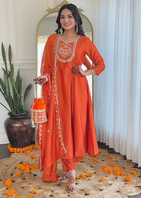 3 Pc Orange Readymade Silk Suit Set