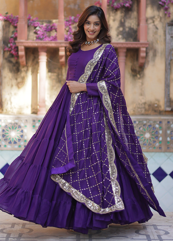 Purple Readymade Georgette Dupatta Indian Dress