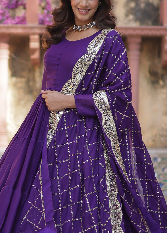 Purple Readymade Georgette Dupatta Indian Dress