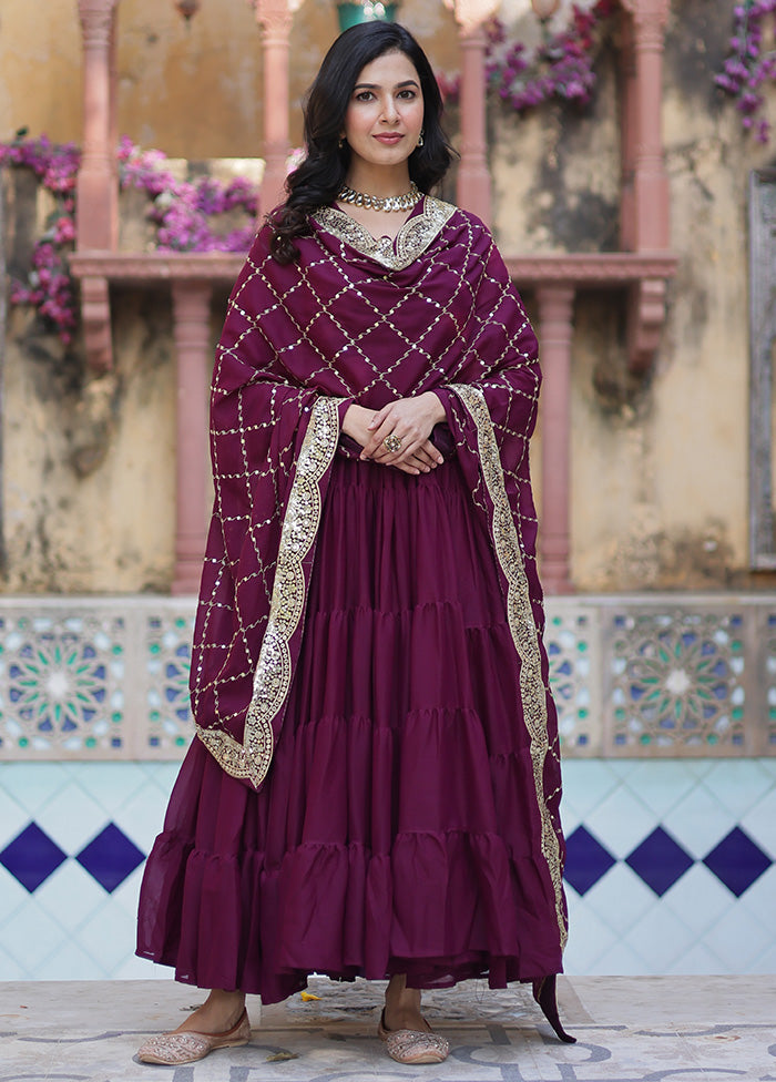 Wine Readymade Georgette Dupatta Indian Dress