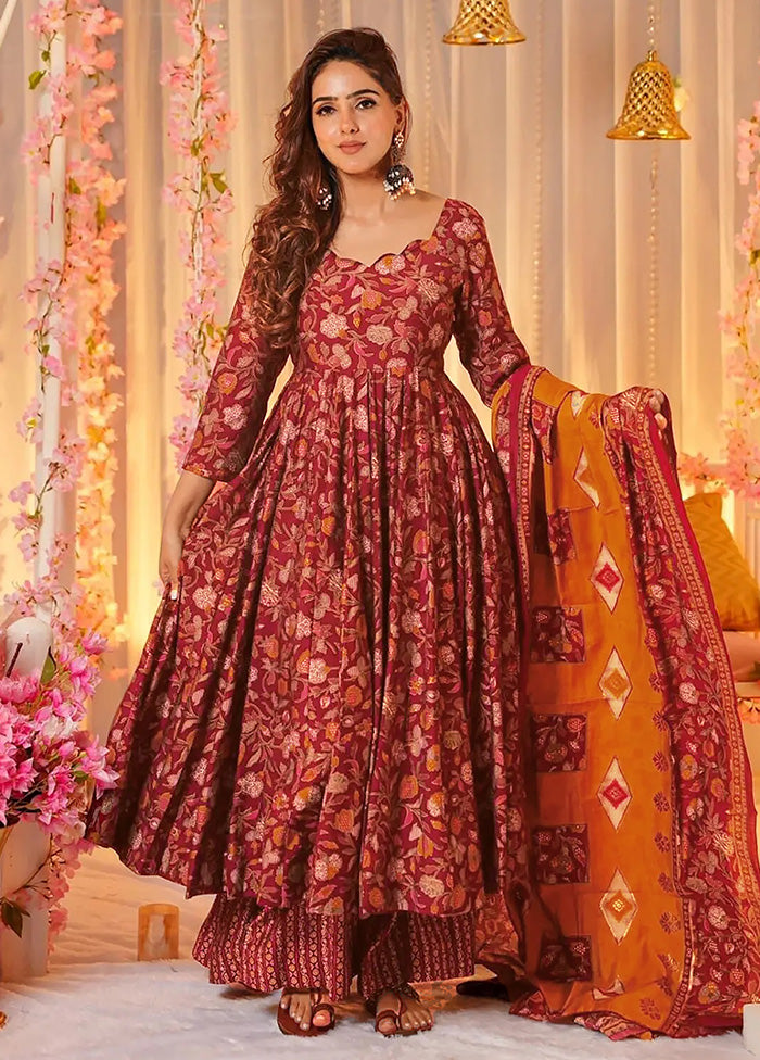 3 Pc Maroon Readymade Silk Suit Set