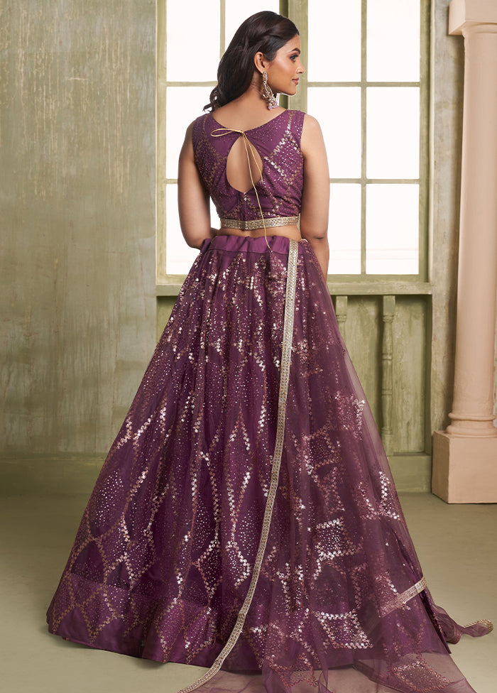 3 Pc Wine Net Semi Stitched Lehenga Set