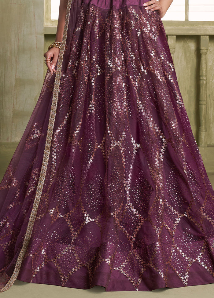 3 Pc Wine Net Semi Stitched Lehenga Set