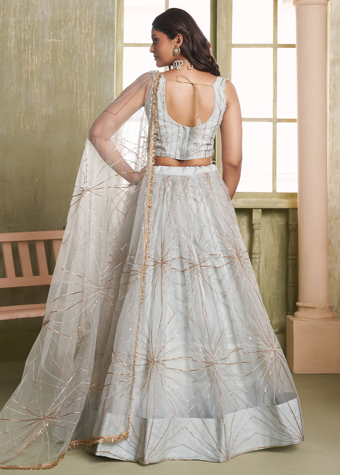 3 Pc Grey Net Semi Stitched Lehenga Set