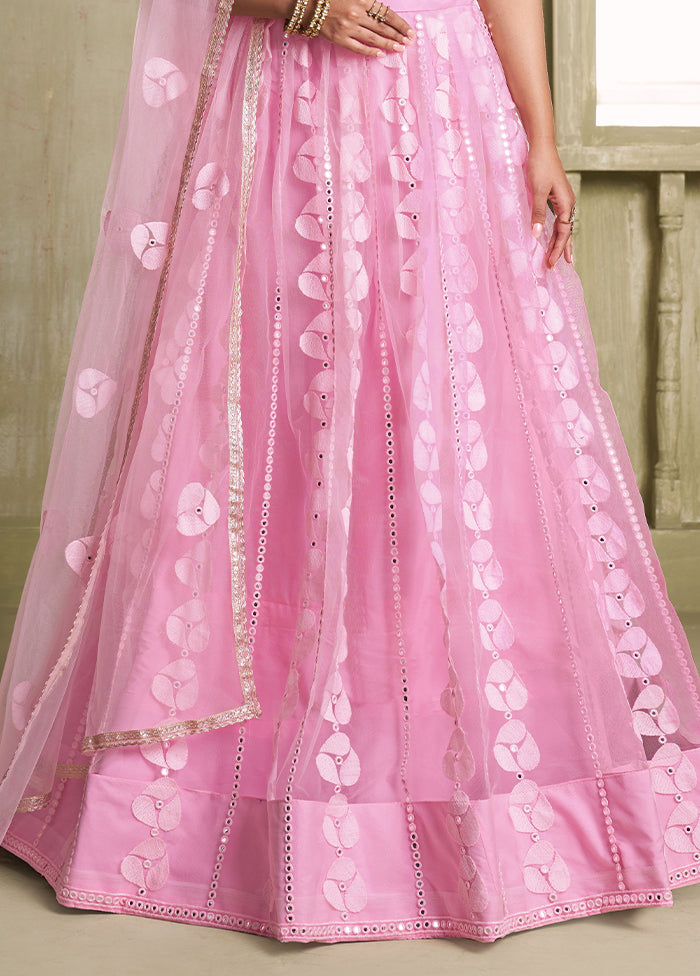 3 Pc Pink Net Semi Stitched Lehenga Set