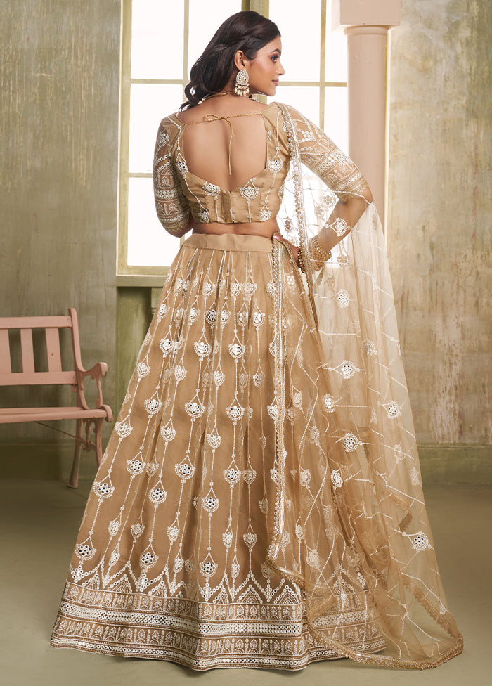 3 Pc Cream Net Semi Stitched Lehenga Set