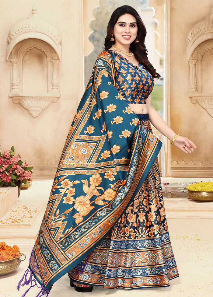 3 Pc Teal Blue Silk Semi Stitched Lehenga Set