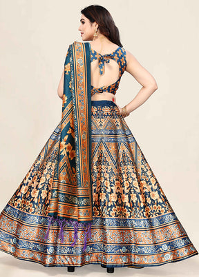 3 Pc Teal Blue Silk Semi Stitched Lehenga Set