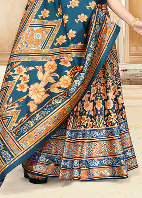 3 Pc Teal Blue Silk Semi Stitched Lehenga Set