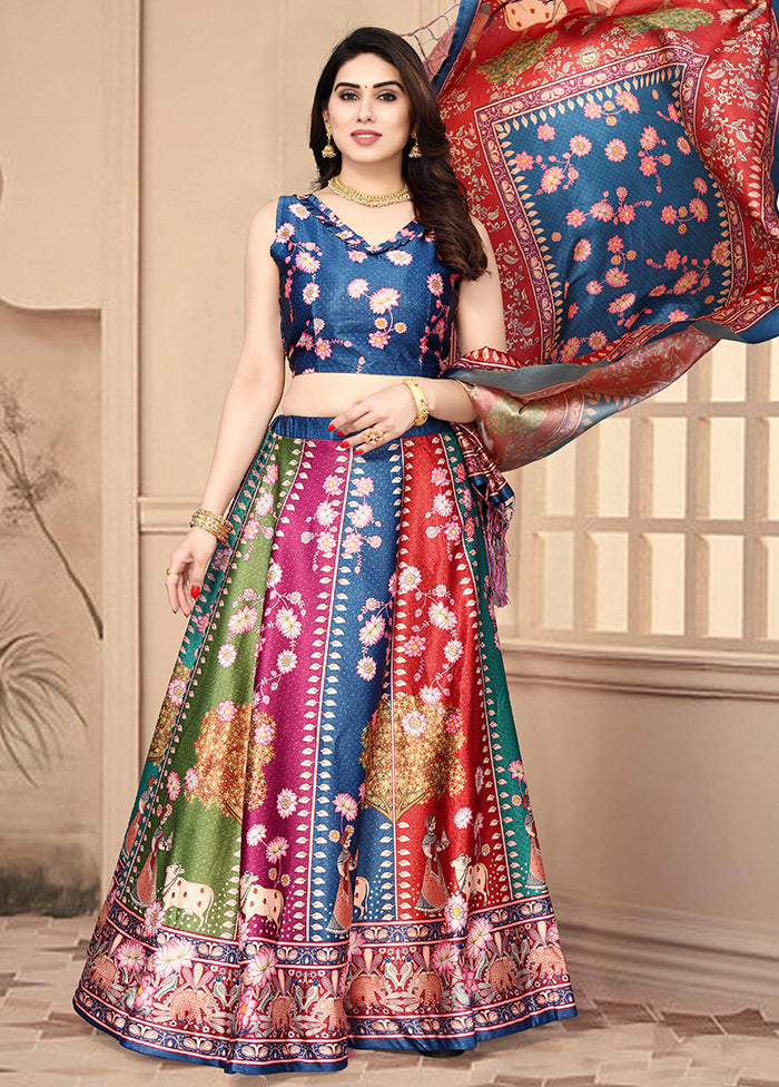 3 Pc Multicolor Silk Semi Stitched Lehenga Set