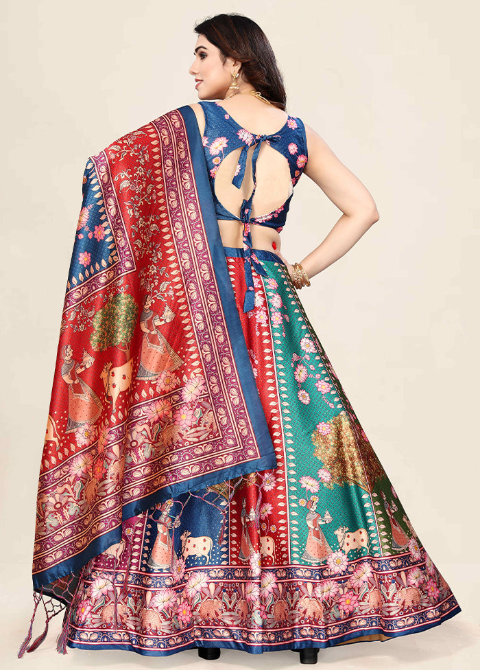 3 Pc Multicolor Silk Semi Stitched Lehenga Set