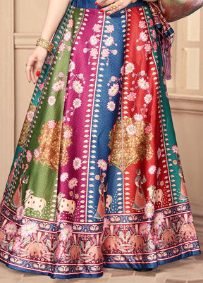 3 Pc Multicolor Silk Semi Stitched Lehenga Set