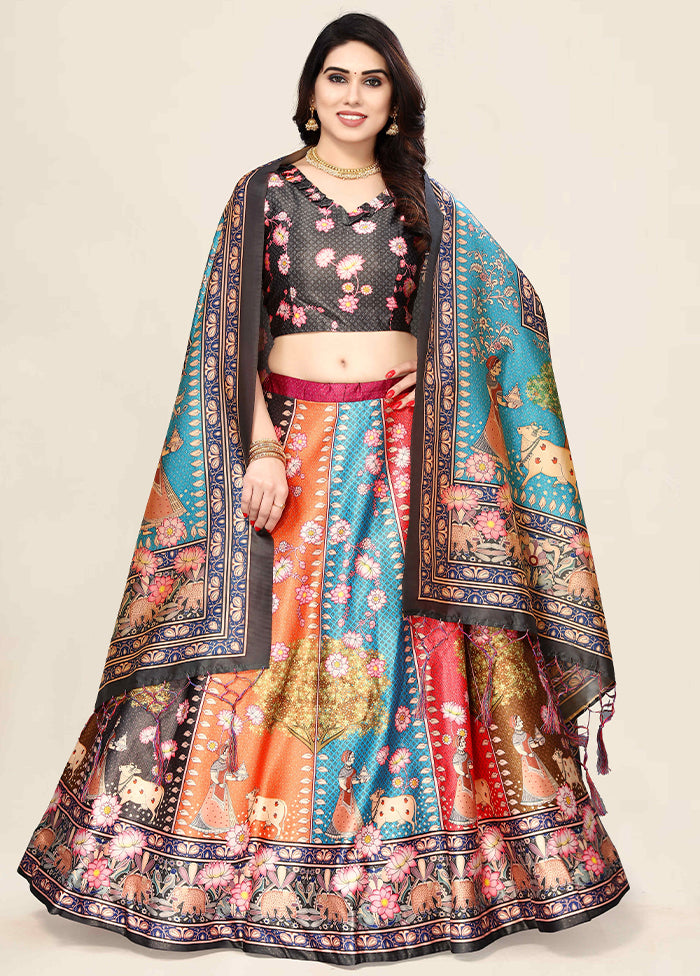 3 Pc Multicolor Silk Semi Stitched Lehenga Set