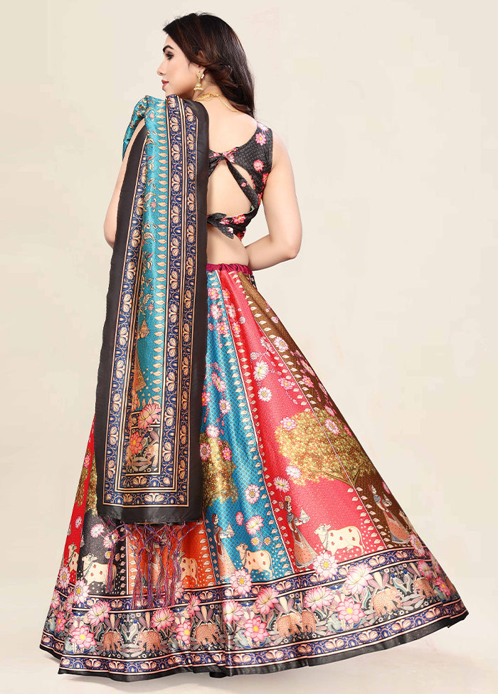 3 Pc Multicolor Silk Semi Stitched Lehenga Set